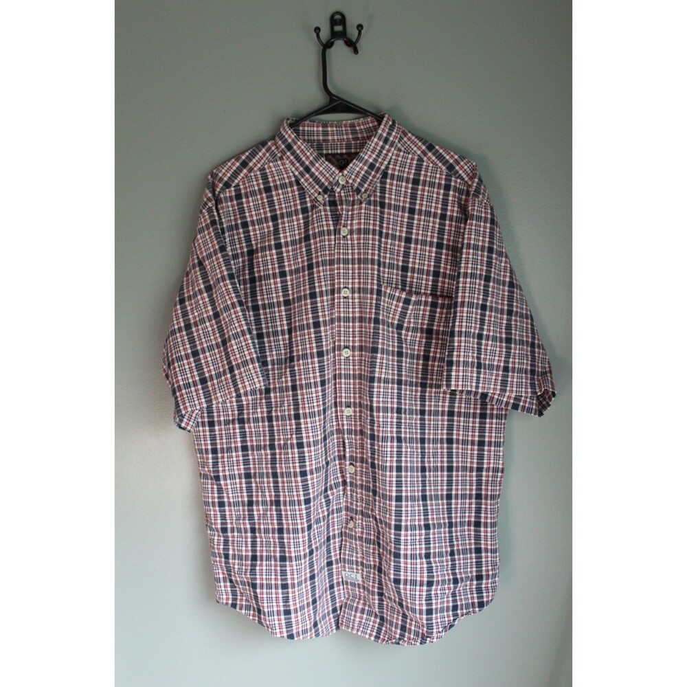 Vintage Old College Inn Mens Short-sleeve Button-up Shirt Red White Blue Size L